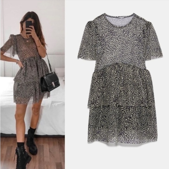 ZARA Leopard Print Tiered Tulle Mini Dress NWT - Picture 1 of 12